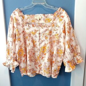 Cynthia Rowley Size MEDIUM Blouse Orange Yellow Boho Romantic Ruffles Pintucks